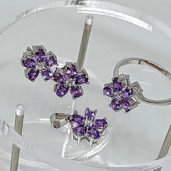 SALE! Natural Amethyst 925 Sterling Silver Earrings, Pendant, Ring 8.25 Set - Picture 2 of 10